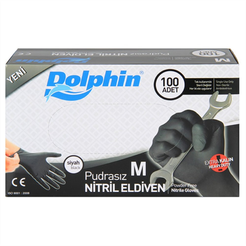 Dolphin Kalın Pudrasız Nitril Muayene Eldiveni Medium Siyah 100Lü - 1