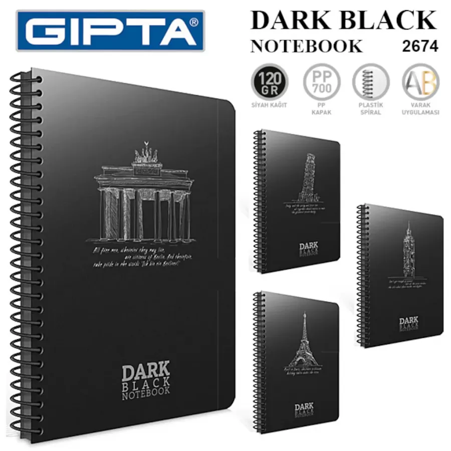 Gıpta Dark Spiralli Siyah Defter A4 Düz 50 Yaprak (2672) - 1