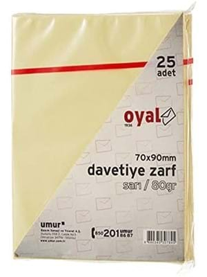Oyal 30008204 Renkli Davetiye Zarfı 70X90 Sarı 80Gr 25Li - 1