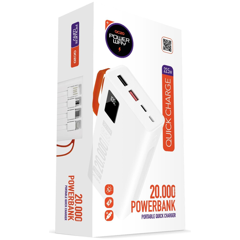 Powerway Qc20 20.000 Mah Powerbank Dijital Göstergeli Mikro Usb Lightnening Type C Girişli 22.5W Beyaz - 1