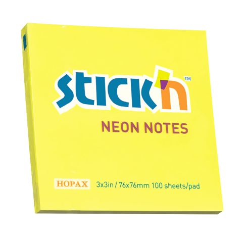 Stick'N 21133 Yapışkanlı Not Kağıdı 76X76 100 Yaprak Neon Sarı - 1