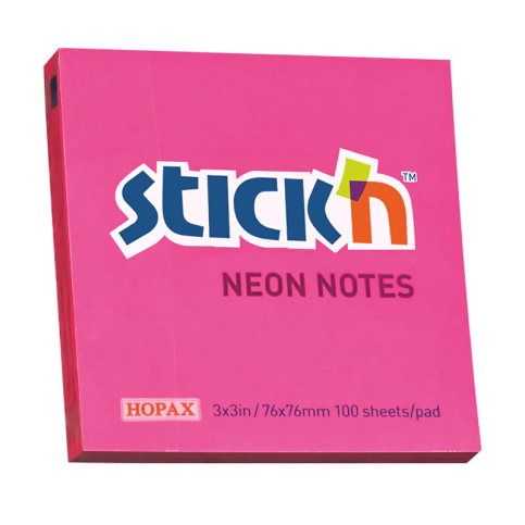 Stick'N 21165 Yapışkanlı Not Kağıdı 76X76 100 Yaprak Neon Koyu Pembe - 1