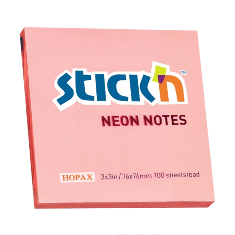 Stick'N 21166 Yapışkanlı Not Kağıdı 76X76 100 Yaprak Neon Açık Pembe - 1