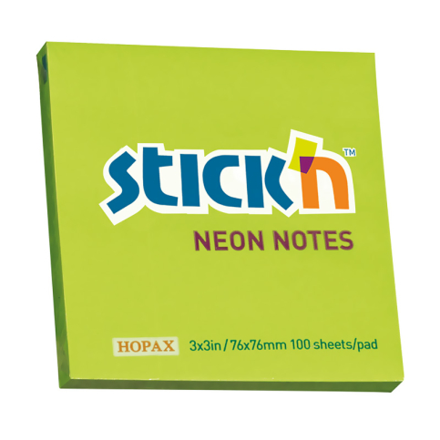 Stick'N 21167 Yapışkanlı Not Kağıdı 76X76 100 Yaprak Neon Yeşil - 1